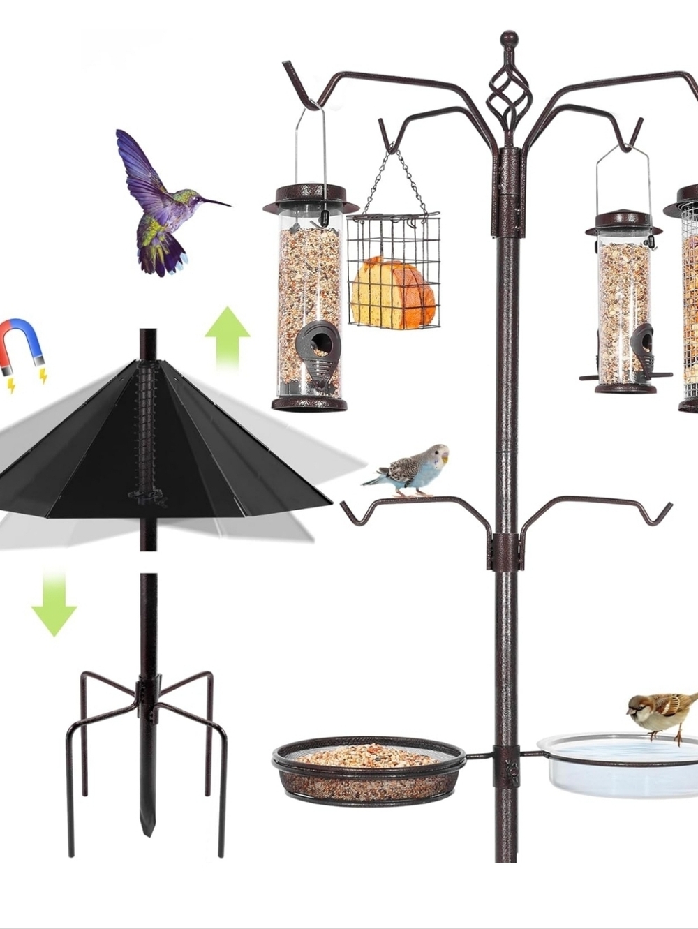 NEW! 6-Hook Bird Feeding Station Kit, 94"  Heavy- Feeder Stand Pole w/Feeders...